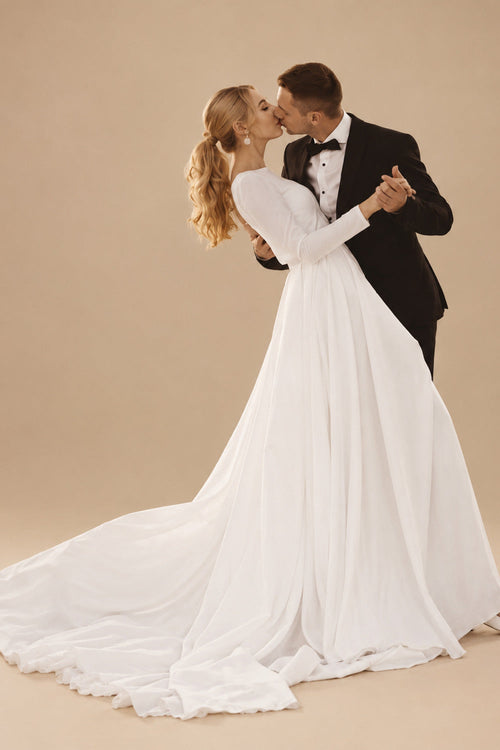 Rutipo White A-Line Scoop Neck Long Sleeves Satin Sweep Train Wedding Dress