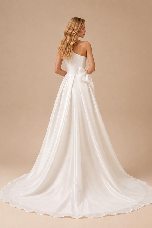 Rutipo Ivory A-Line One-Shoulder Sleeveless Organza Sweep Train Wedding Dress