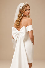 Rutipo Ivory Sheath/Column Off-The-Shoulder Sleeveless Short/Mini Satin Wedding Dresses With Bow