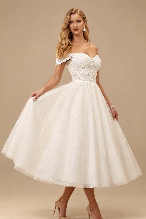 Rutipo Ivory A-Line Off-The-Shoulder Sleeveless Lace Sequined Tea-Length Wedding Dress