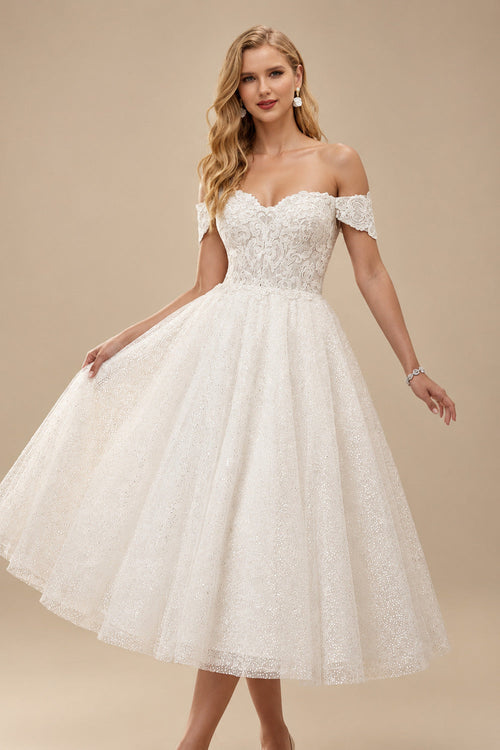 Rutipo Ivory A-Line Off-The-Shoulder Sleeveless Lace Sequined Tea-Length Wedding Dress