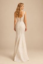 Rutipo Champagne Sheath/Column Square Neckline Sleeveless Sequined Sweep Train Wedding Dress