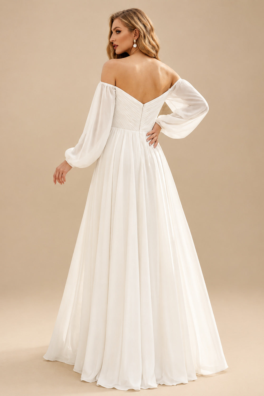 Rutipo Ivory A-Line Off-The-Shoulder Long Sleeves Chiffon Floor-Length Wedding Dress