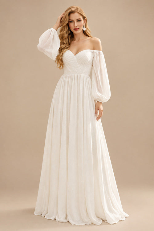 Rutipo Ivory A-Line Off-The-Shoulder Long Sleeves Chiffon Floor-Length Wedding Dress