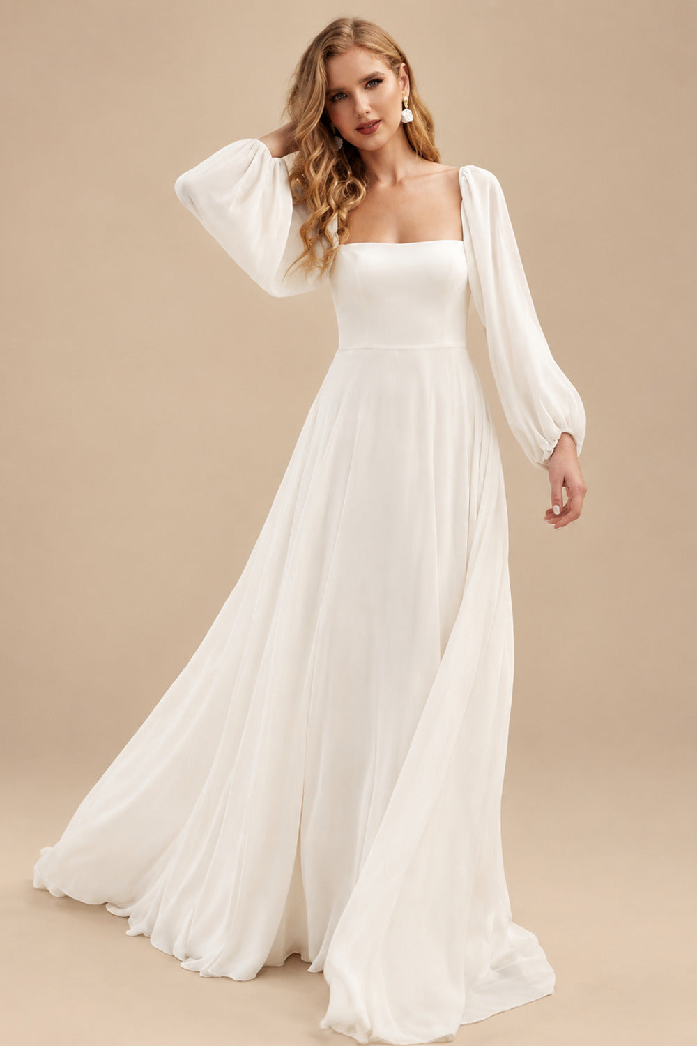 Rutipo Ivory Long Sleeves A-Line Square Neckline Wedding Dress With Chiffon Sweep Train