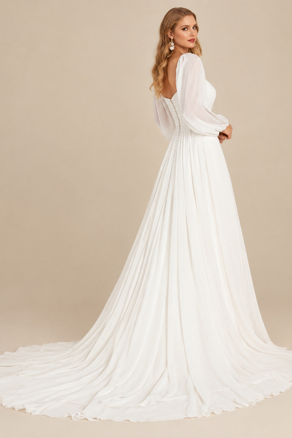 Rutipo Ivory Long Sleeves A-Line Square Neckline Wedding Dress With Chiffon Sweep Train