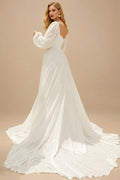 Rutipo Ivory Long Sleeves A-Line Square Neckline Wedding Dress With Chiffon Sweep Train