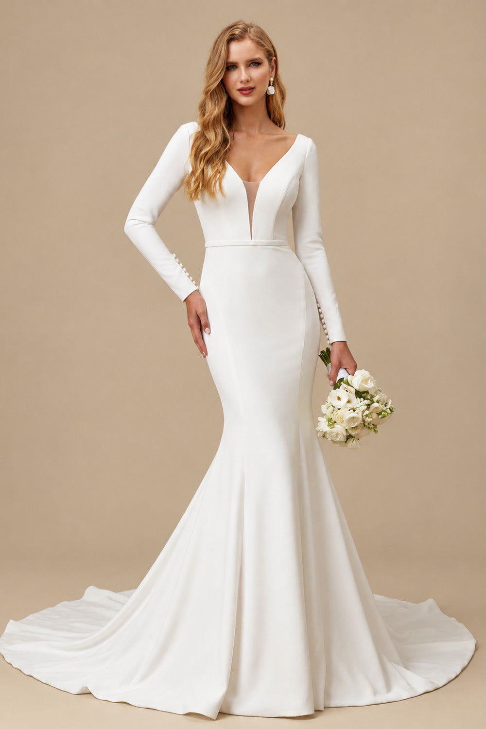 Rutipo Ivory Trumpet/Mermaid V-Neck Long Sleeves Elastic Satin Court Train Wedding Dress
