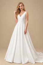 Rutipo Ivory Ball-Gown V-Neck Stretch Crepe Ruffles Sleeveless Sweep Train Wedding Dresses