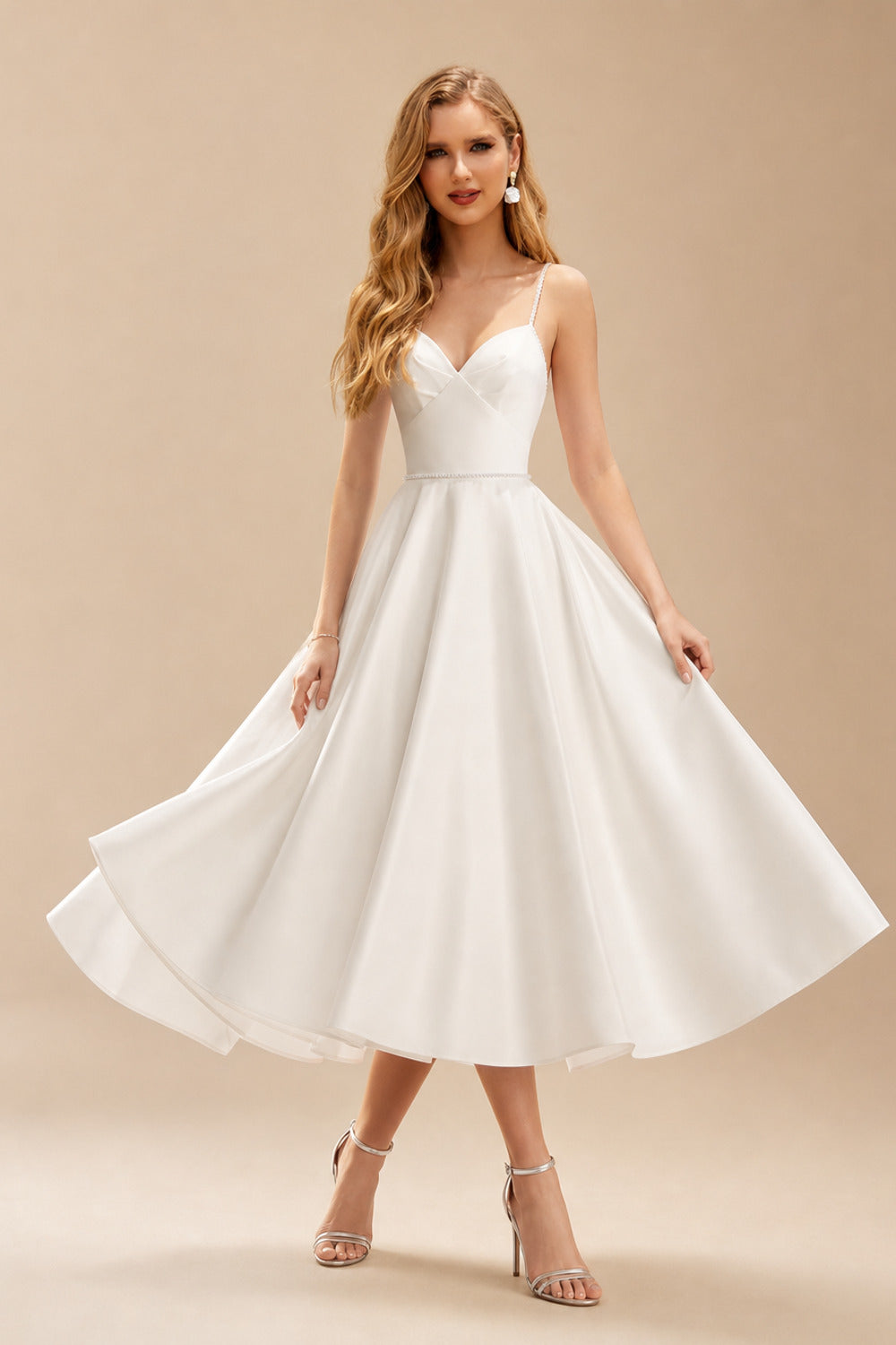 Rutipo Ivory A-Line V-Neck Sleeveless Satin Tea-Length Wedding Dress With Pockets