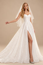 Rutipo Ivory Shiny Ball-Gown Sequined Wedding Dress With Sweep Train