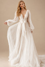 Rutipo Ivory A-Line V-Neck Sweep Train Tulle Wedding Dress