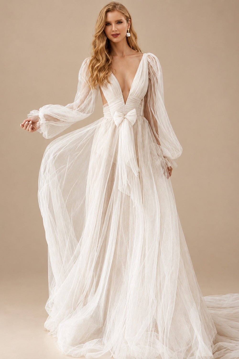 Rutipo Ivory A-Line V-Neck Sweep Train Tulle Wedding Dress