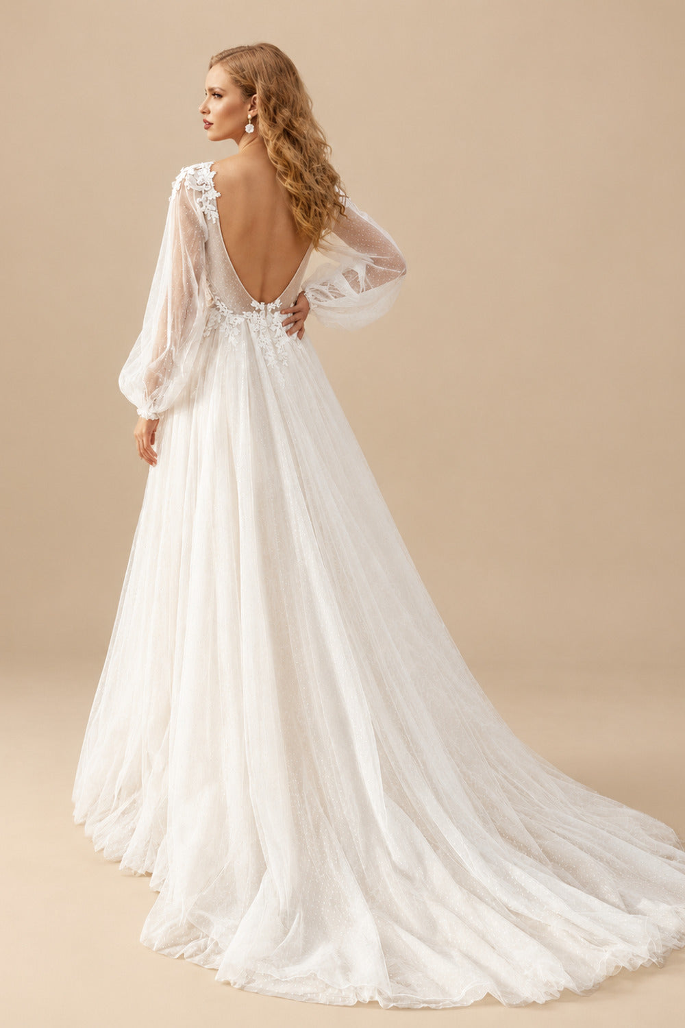 Rutipo Ivory A-Line V-Neck Sweep Train Tulle Wedding Dress With Lace