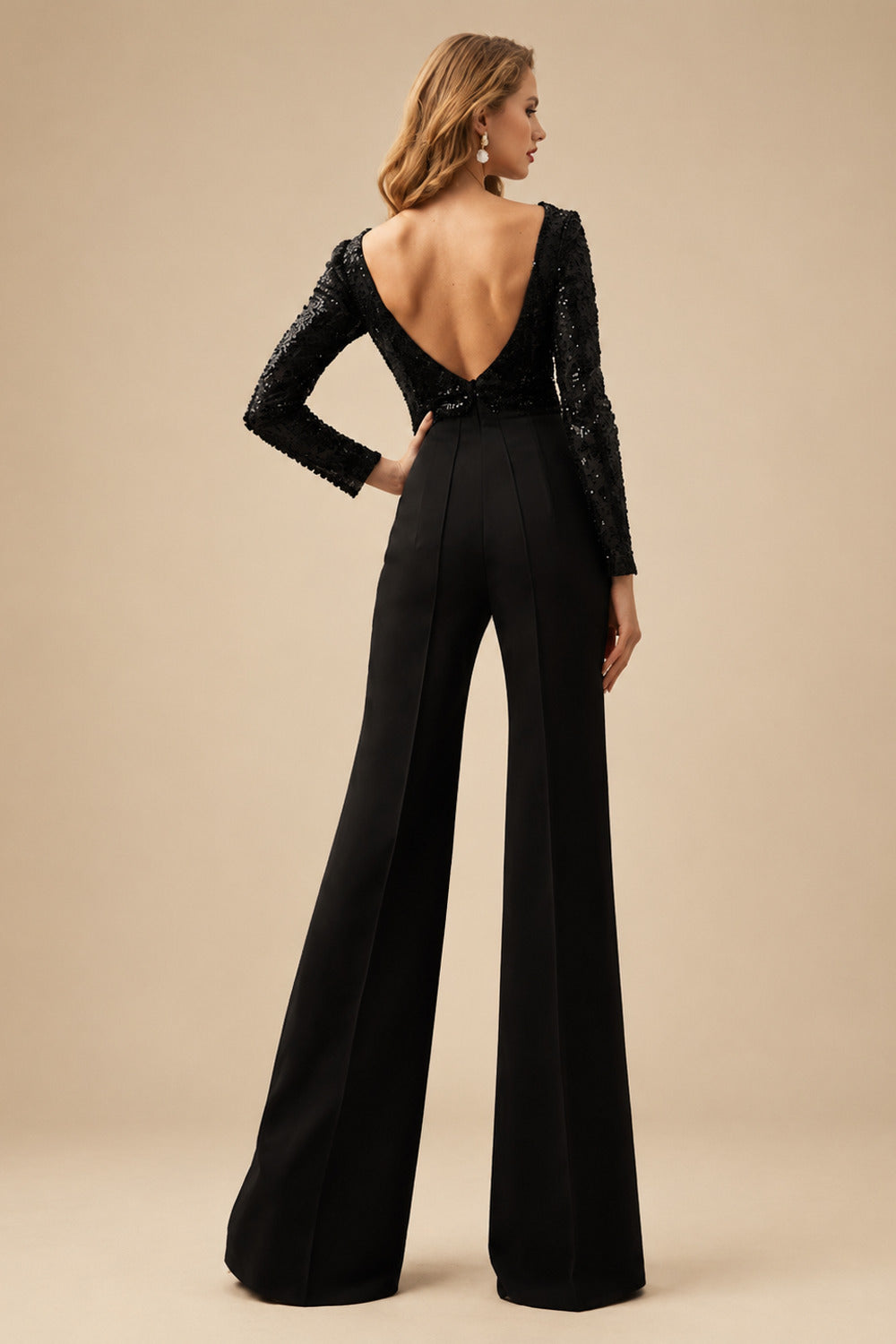 Rutipo Black Scoop Neck Floor-Length Wedding Jumpsuit With Sequin