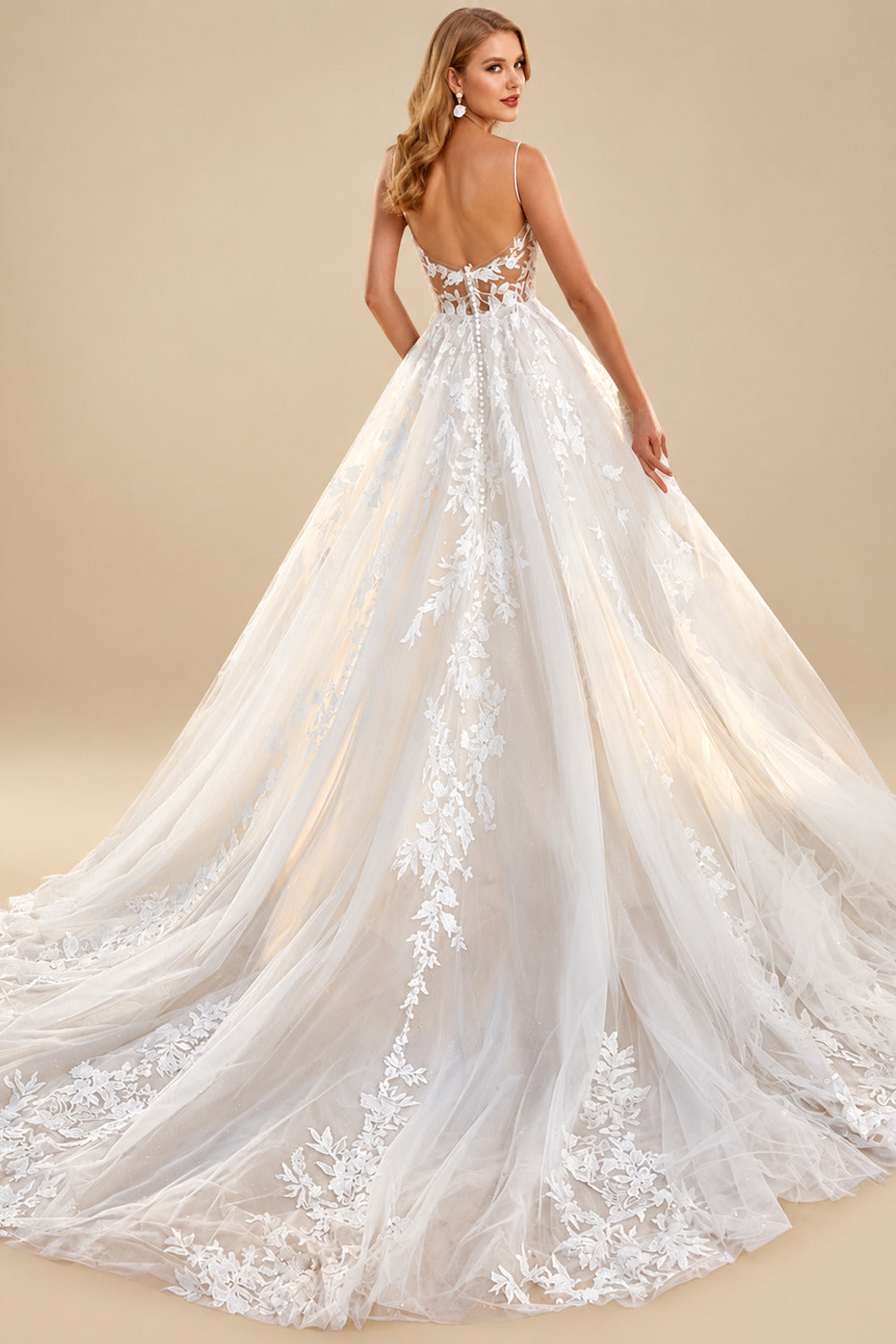 Rutipo As Picture Ball-Gown V-Neck Sleeveless Tulle Court Train Wedding Dress With Appliques Lace