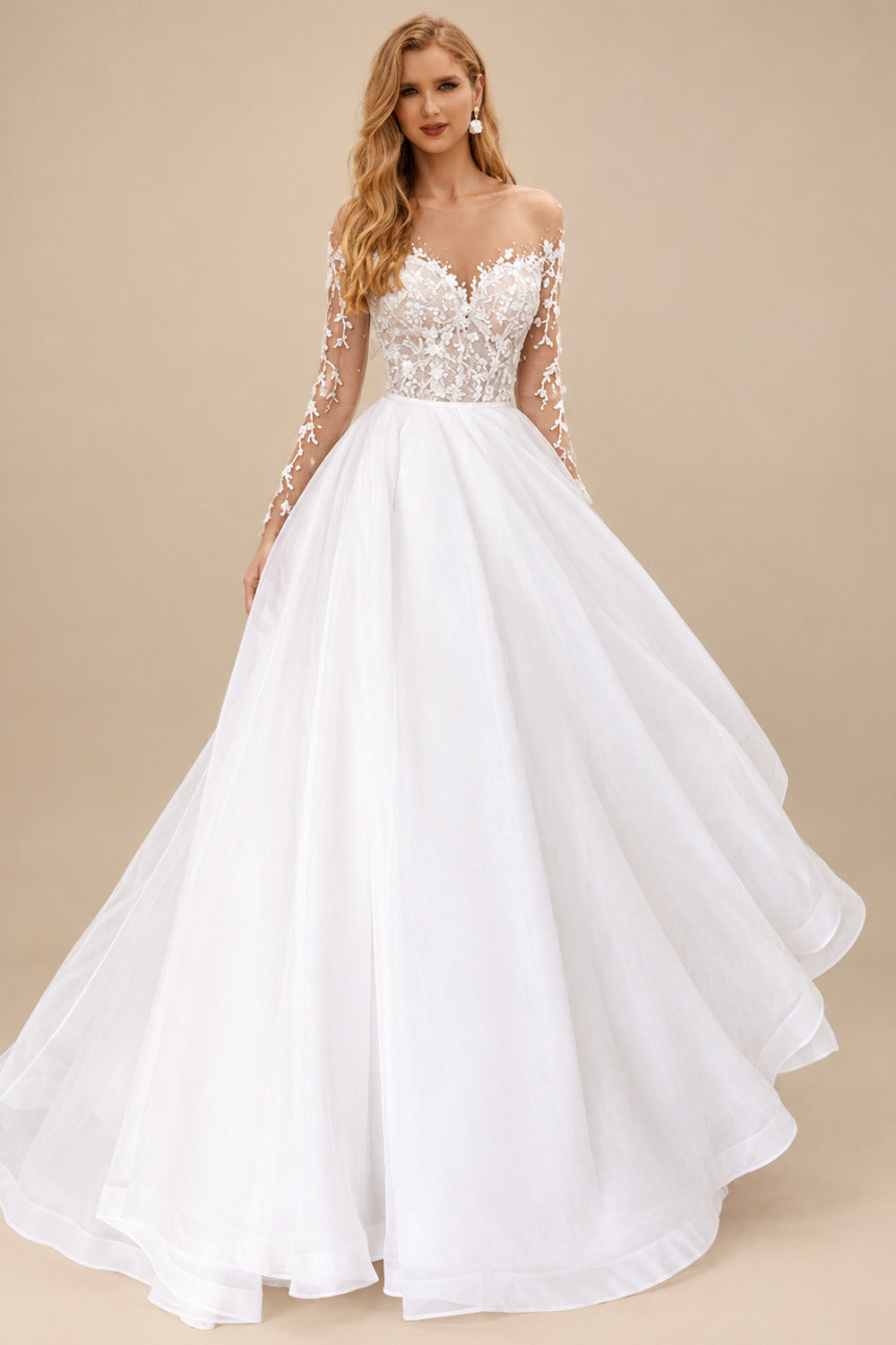 Rutipo White Ball-Gown Illusion Neck Sweep Train Wedding Dress With Beading Appliques Lace