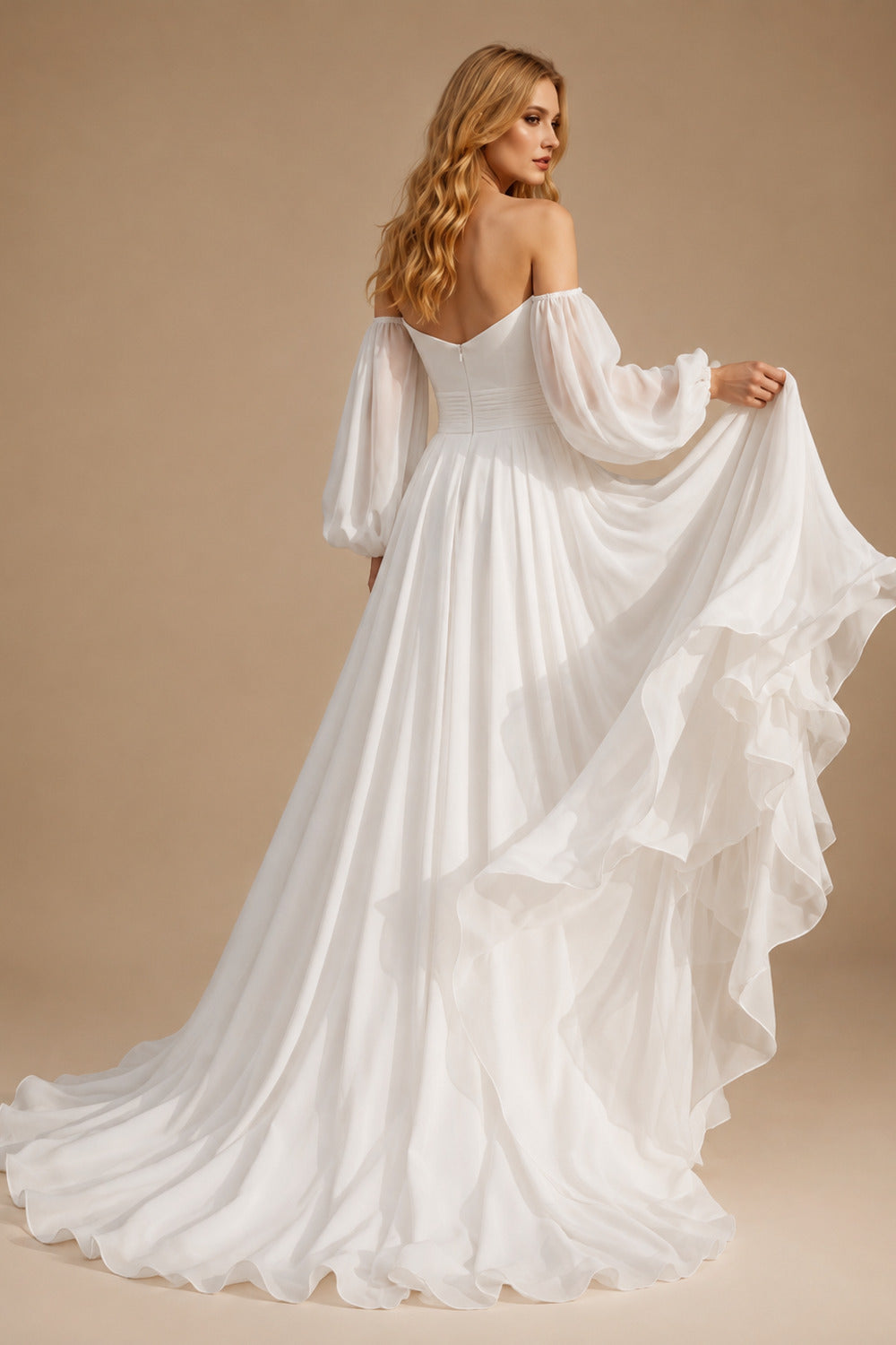 Rutipo White Off-The-Shoulder Long Sleeves Beach Wedding Dresses With A-Line Chiffon
