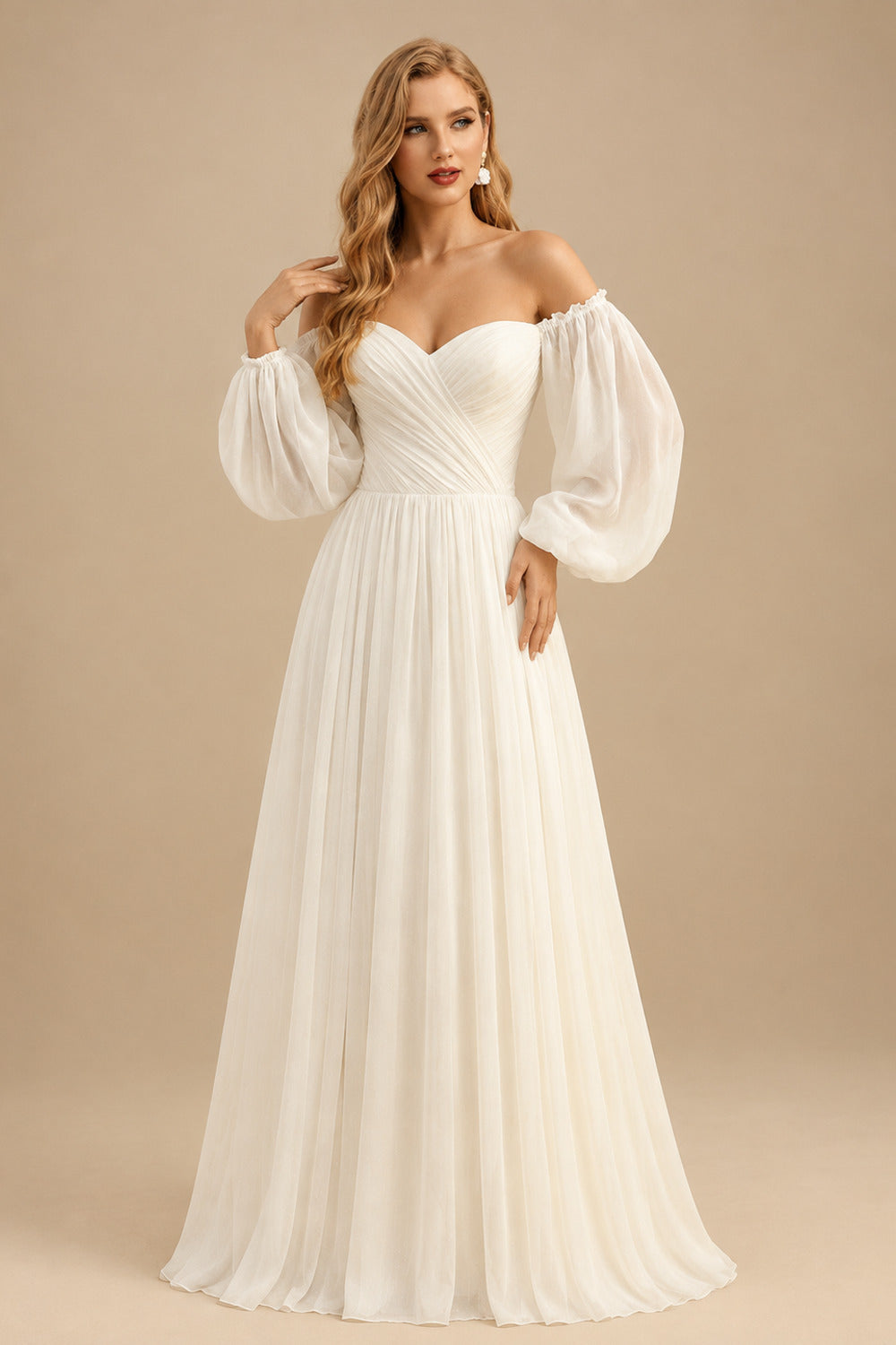 Rutipo Ivory Beach Long Sleeves Off-The-Shoulder Wedding Dresses With A-Line Chiffon
