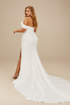Rutipo Ivory Sheath/Column Off-The-Shoulder Sweep Train Plus Size Wedding Dress With Split Front