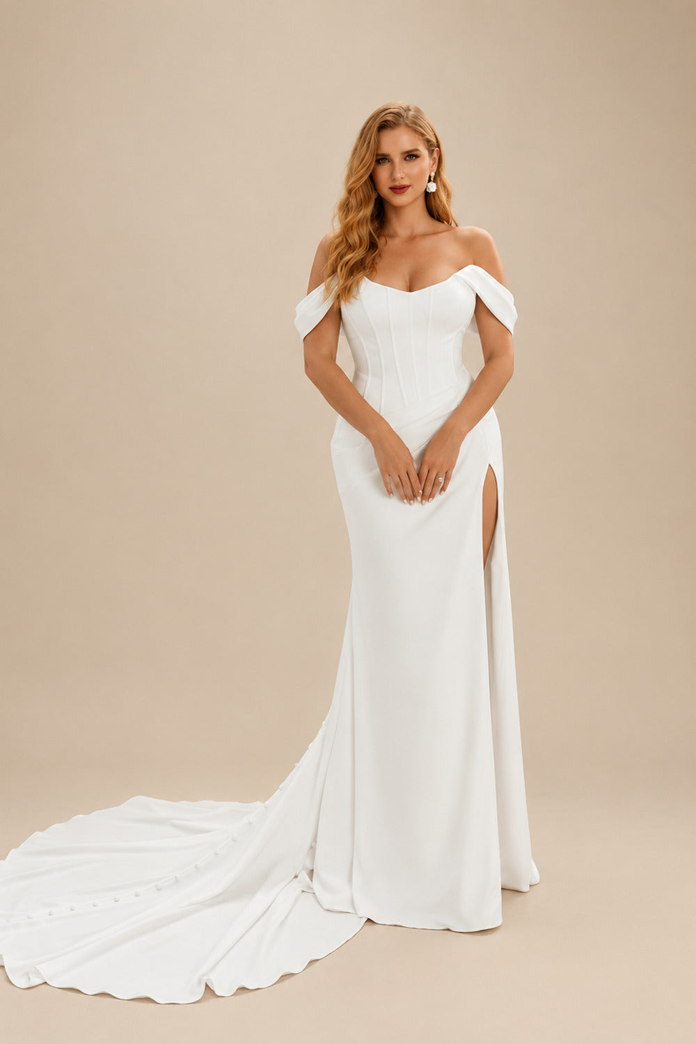 Rutipo Ivory Sheath/Column Off-The-Shoulder Sweep Train Plus Size Wedding Dress With Split Front