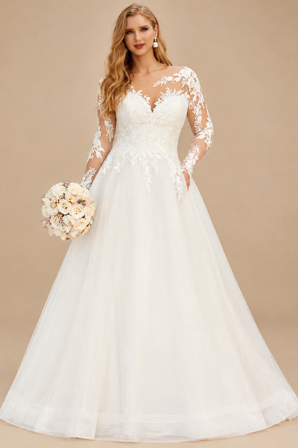 Rutipo Ivory Ball-Gown/Princess Illusion Neck Sweep Train Organza Plus Size Wedding Dress With Appliques Lace