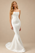 Rutipo Ivory Beach Strapless Mermaid Wedding Dresses With Elastic Satin Sweep Train