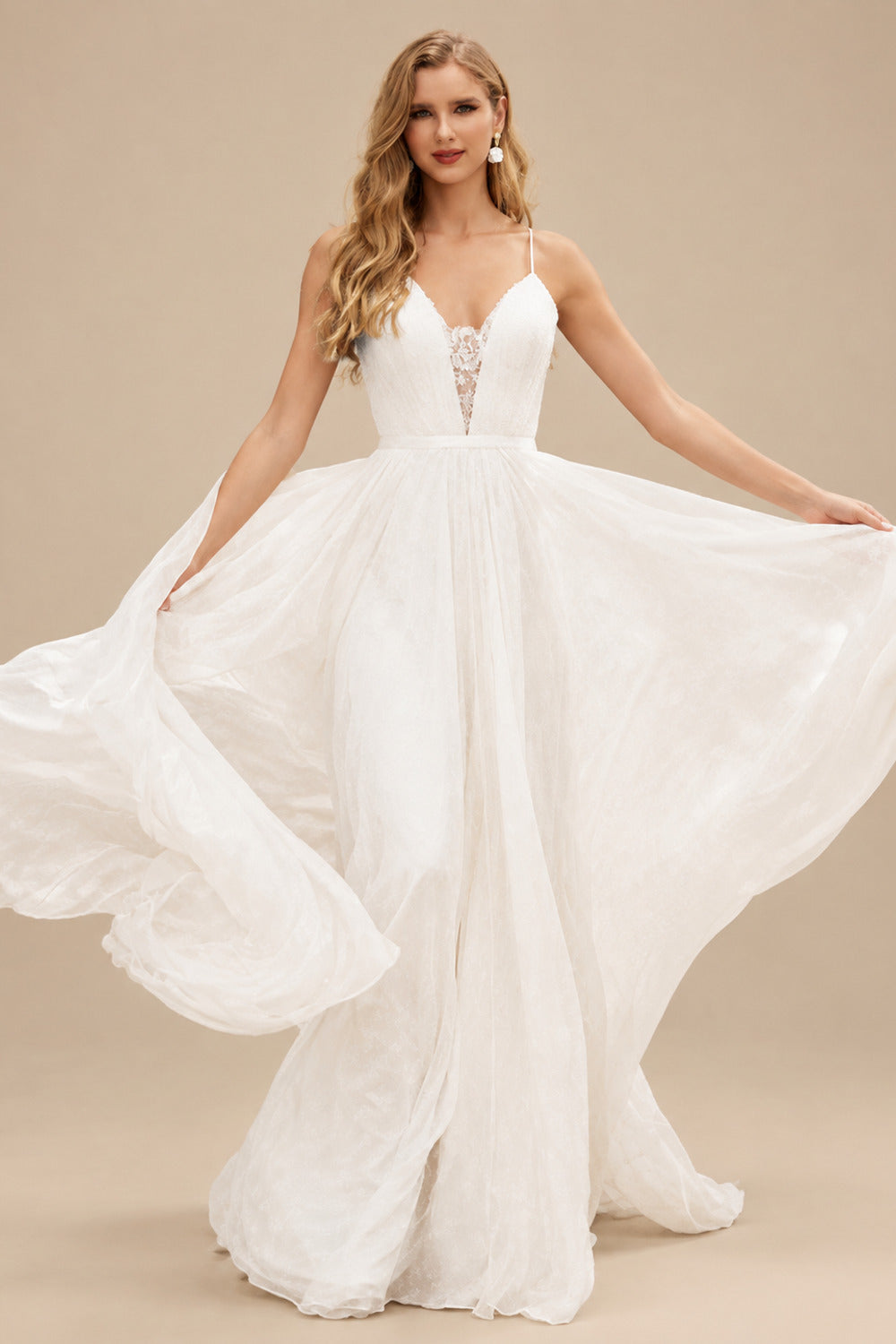 Rutipo Ivory Boho Lace A-Line Wedding Dresses With V-Neck Chiffon Sweep Train