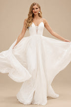 Rutipo Ivory Boho Lace A-Line Wedding Dresses With V-Neck Chiffon Sweep Train