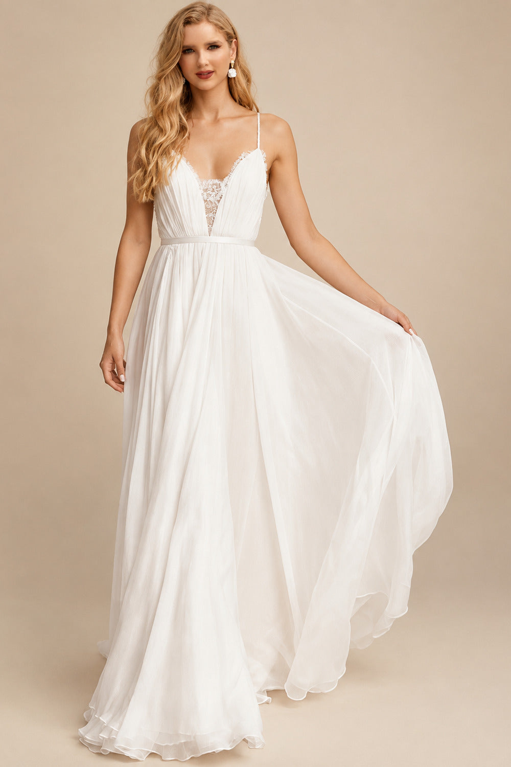 Rutipo Ivory Boho Lace A-Line Wedding Dresses With V-Neck Chiffon Sweep Train