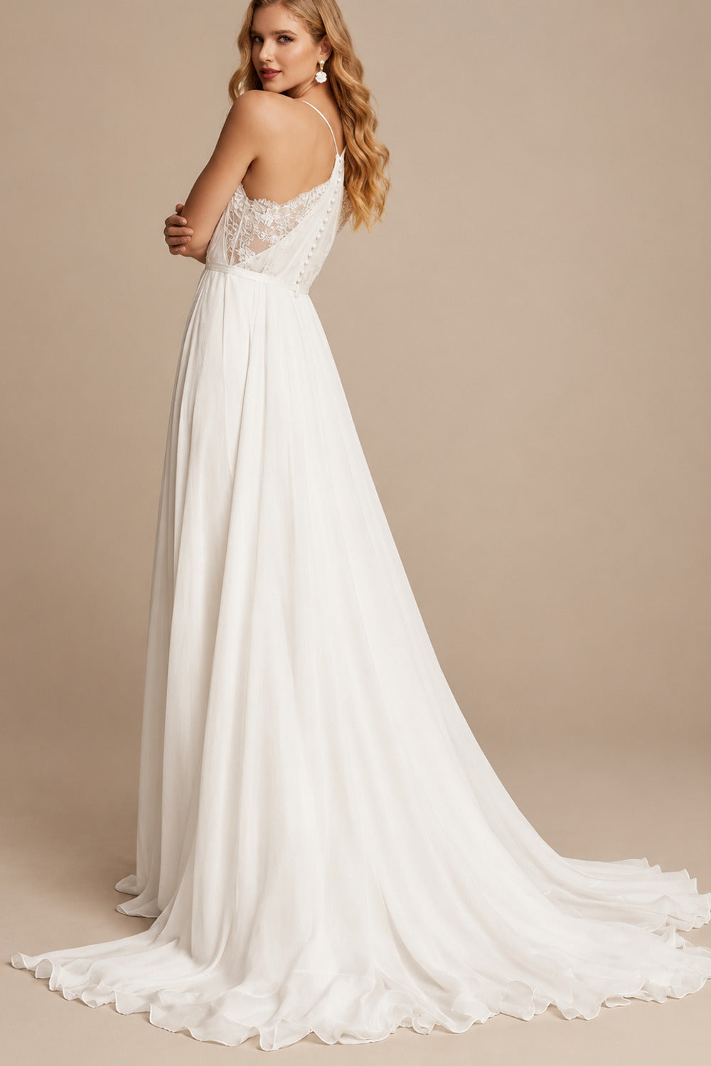 Rutipo Ivory Boho Lace A-Line Wedding Dresses With V-Neck Chiffon Sweep Train