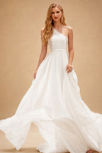 Rutipo Ivory Boho Lace A-Line Wedding Dresses With V-Neck Chiffon Sweep Train