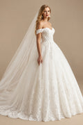 Rutipo Ivory Vintage Ball-Gown Wedding Dresses With Off-The-Shoulder Short Sleeves Tulle Lace Court Train