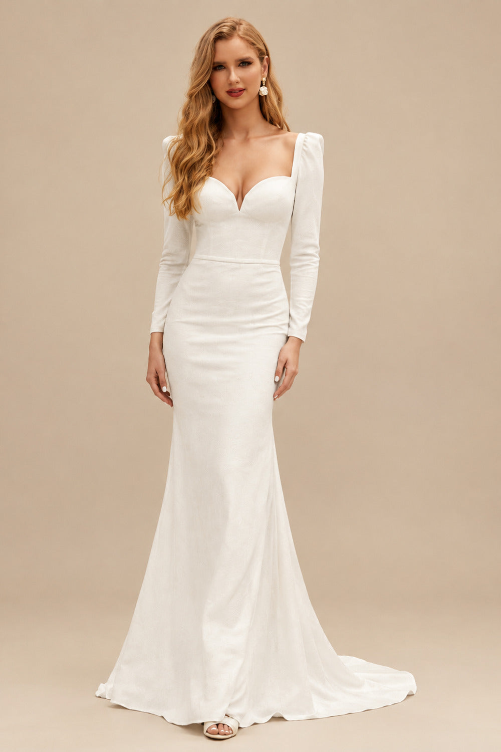 Rutipo Ivory Long Sleeve Weeding Dress With Sweetheart Neckline