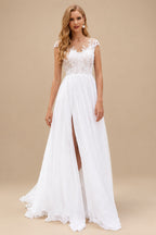 Rutipo White Boho Wedding Dresses 2023 Chiffon V Neck A Line Split Front Bridal Dresses For Beach Wedding