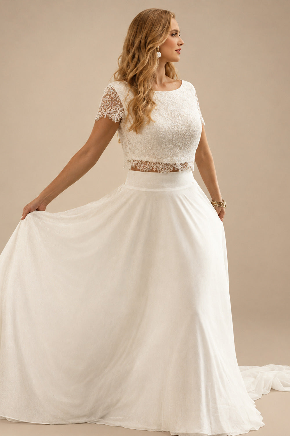 Rutipo Ivory Ivory Two-Piece Wedding Dresses With A-Line Scoop Neck Buttons Bridal Dress