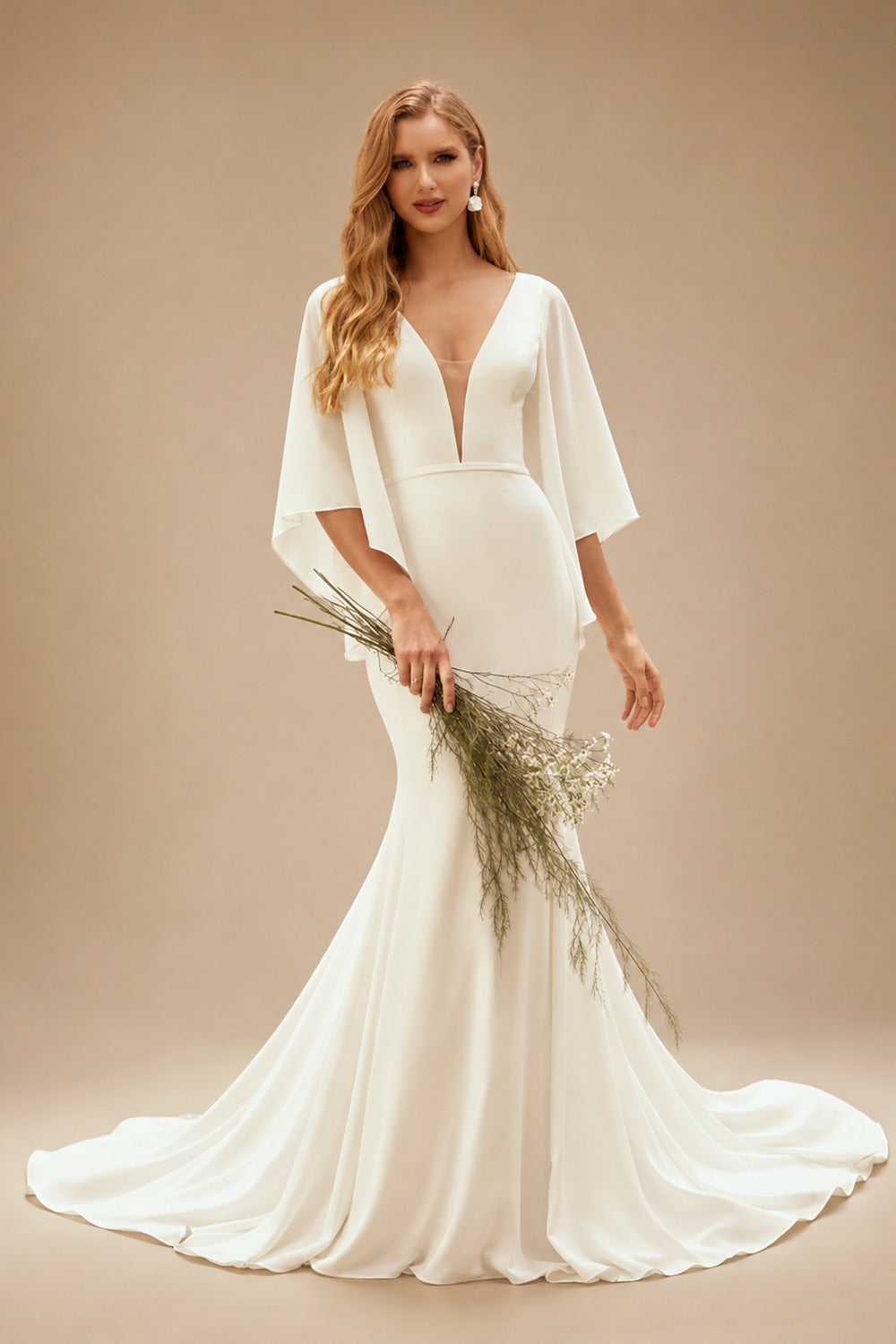 Rutipo Ivory Boho Beach Mermaid Wedding Dresses With Chiffon Sleeves