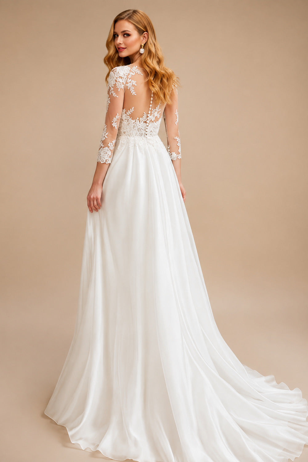 Rutipo Ivory Boho Lace Wedding Dresses With 3/4 Sleeves