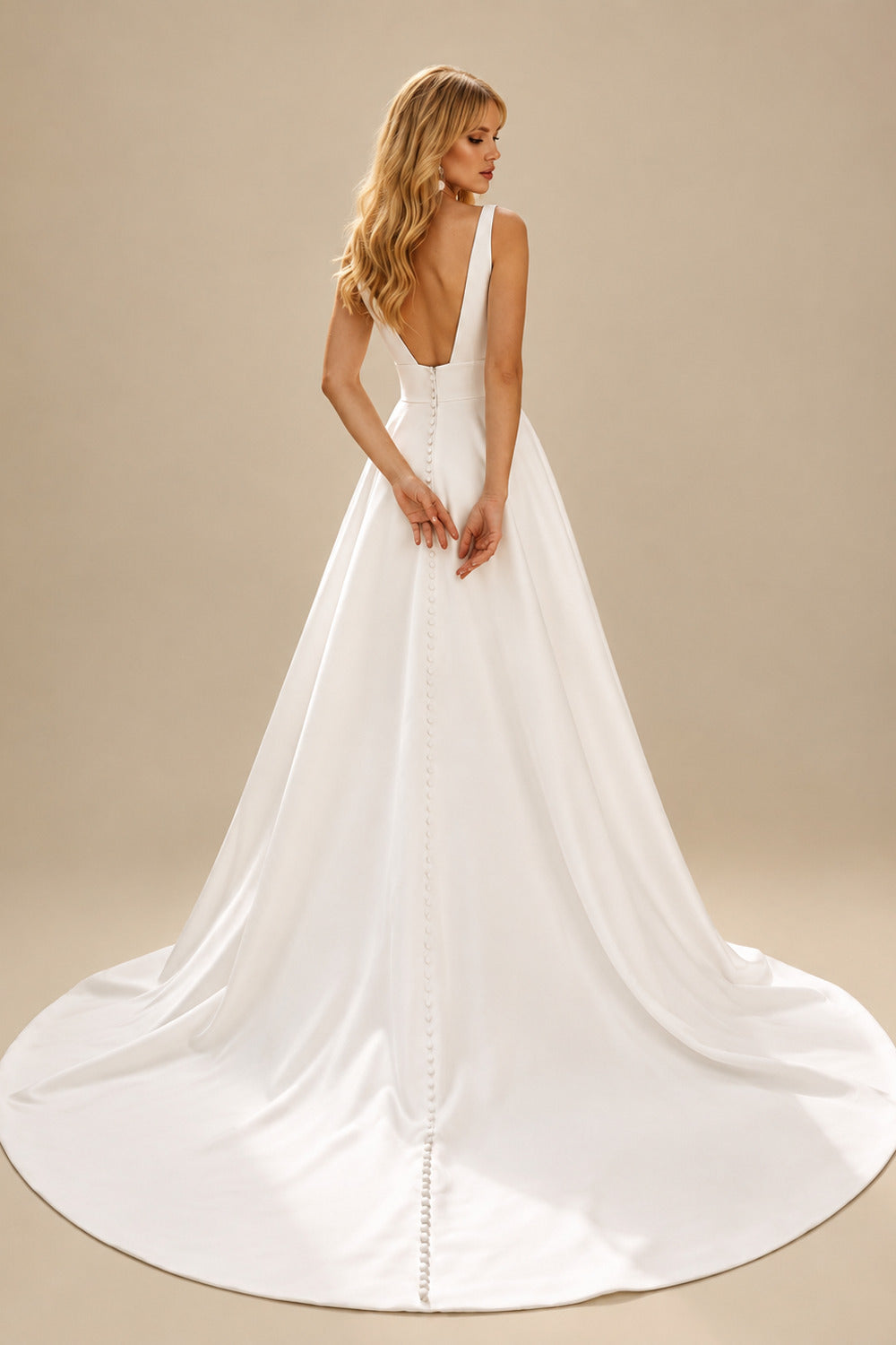 Rutipo Ivory Ball-Gown V-Neck Satin Wedding Dresses With Open Back