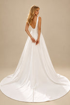 Rutipo Ivory Ball-Gown V-Neck Satin Wedding Dresses With Open Back