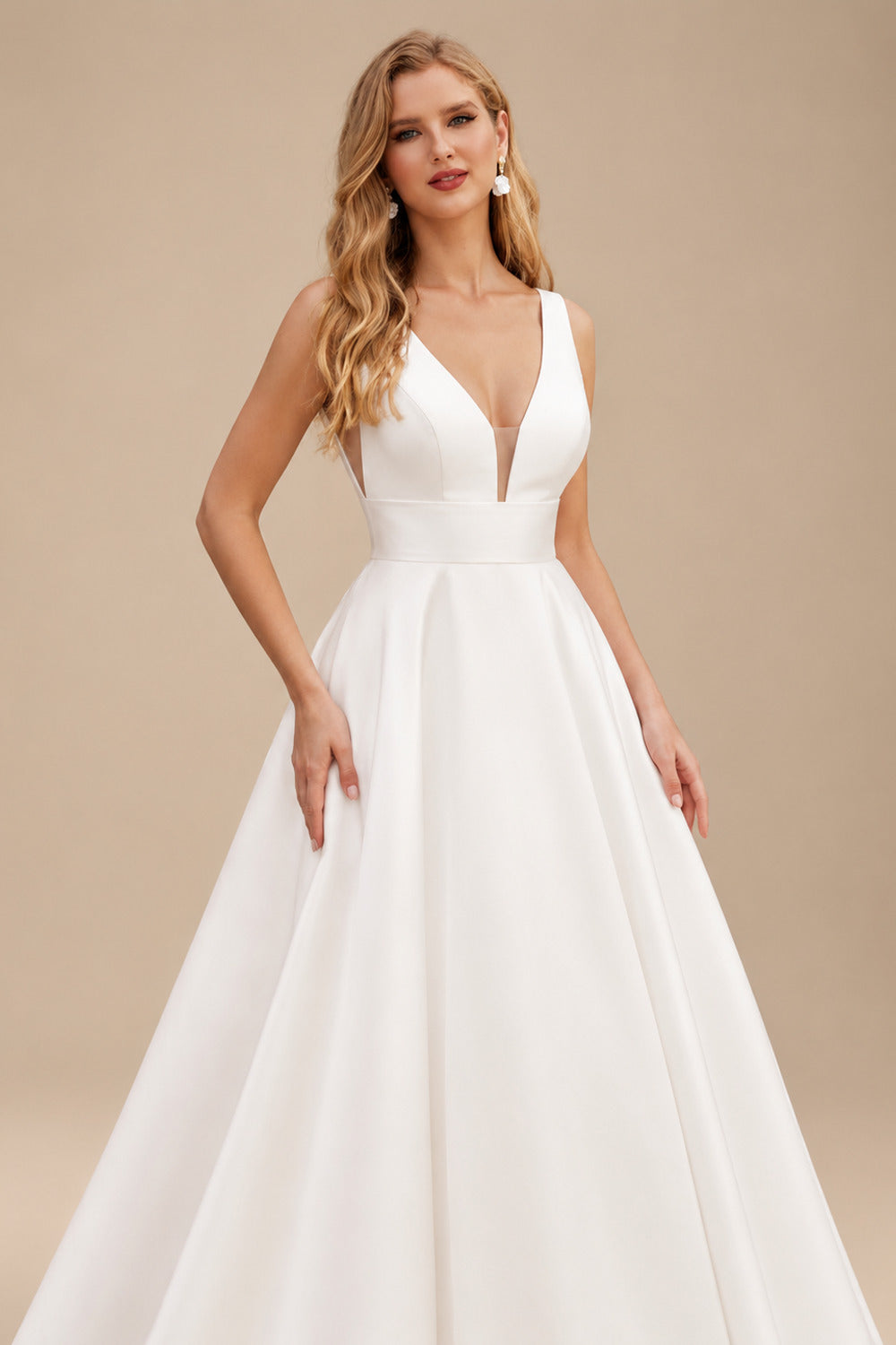 Rutipo Ivory Ball-Gown V-Neck Satin Wedding Dresses With Open Back