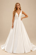 Rutipo Ivory Ball-Gown V-Neck Satin Wedding Dresses With Open Back