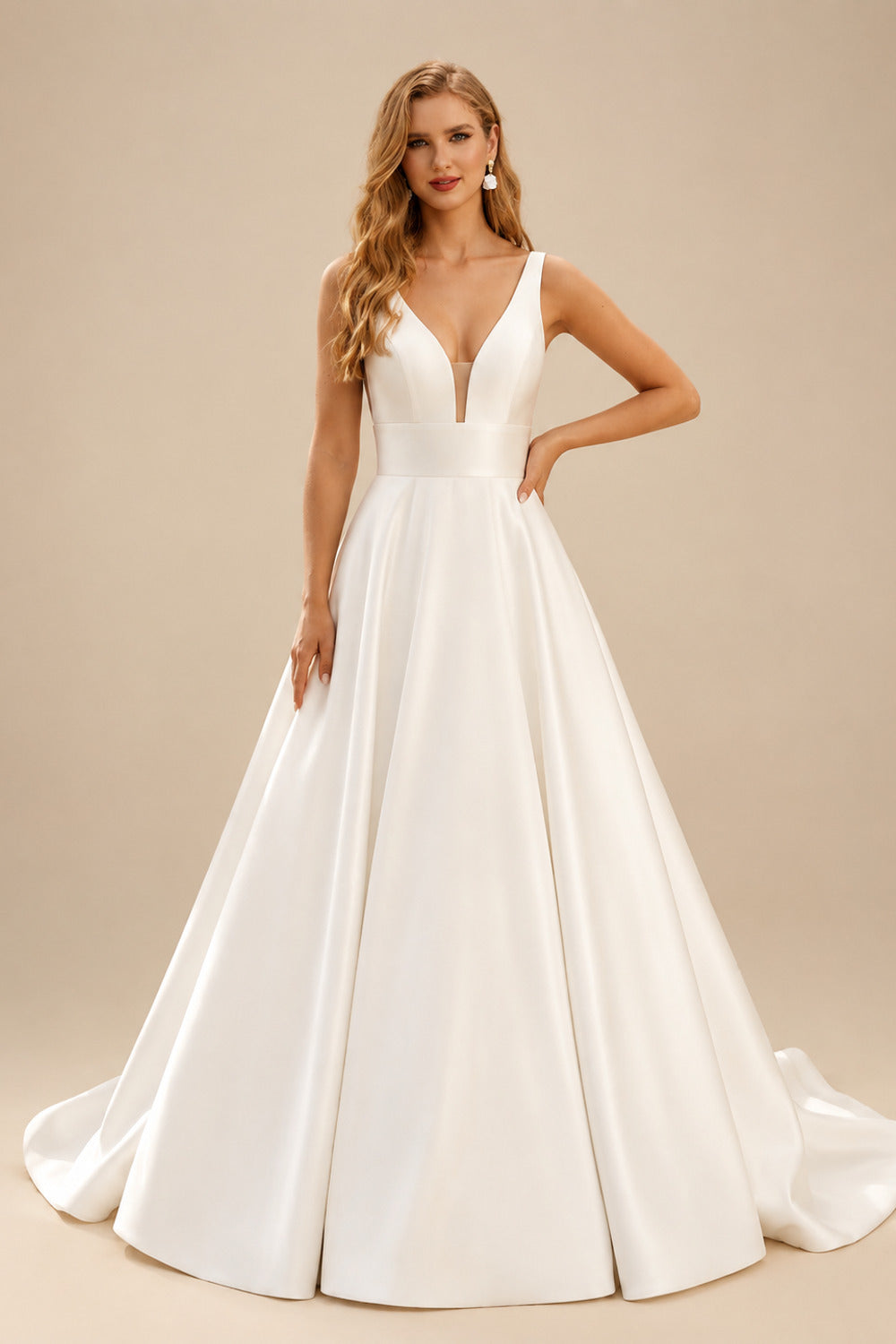 Rutipo Ivory Ball-Gown V-Neck Satin Wedding Dresses With Open Back