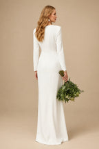 Rutipo Ivory Simple Long Sleeves Bow Wedding Dress With Split Front