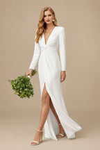 Rutipo Ivory Simple Long Sleeves Bow Wedding Dress With Split Front