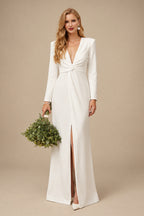 Rutipo Ivory Simple Long Sleeves Bow Wedding Dress With Split Front