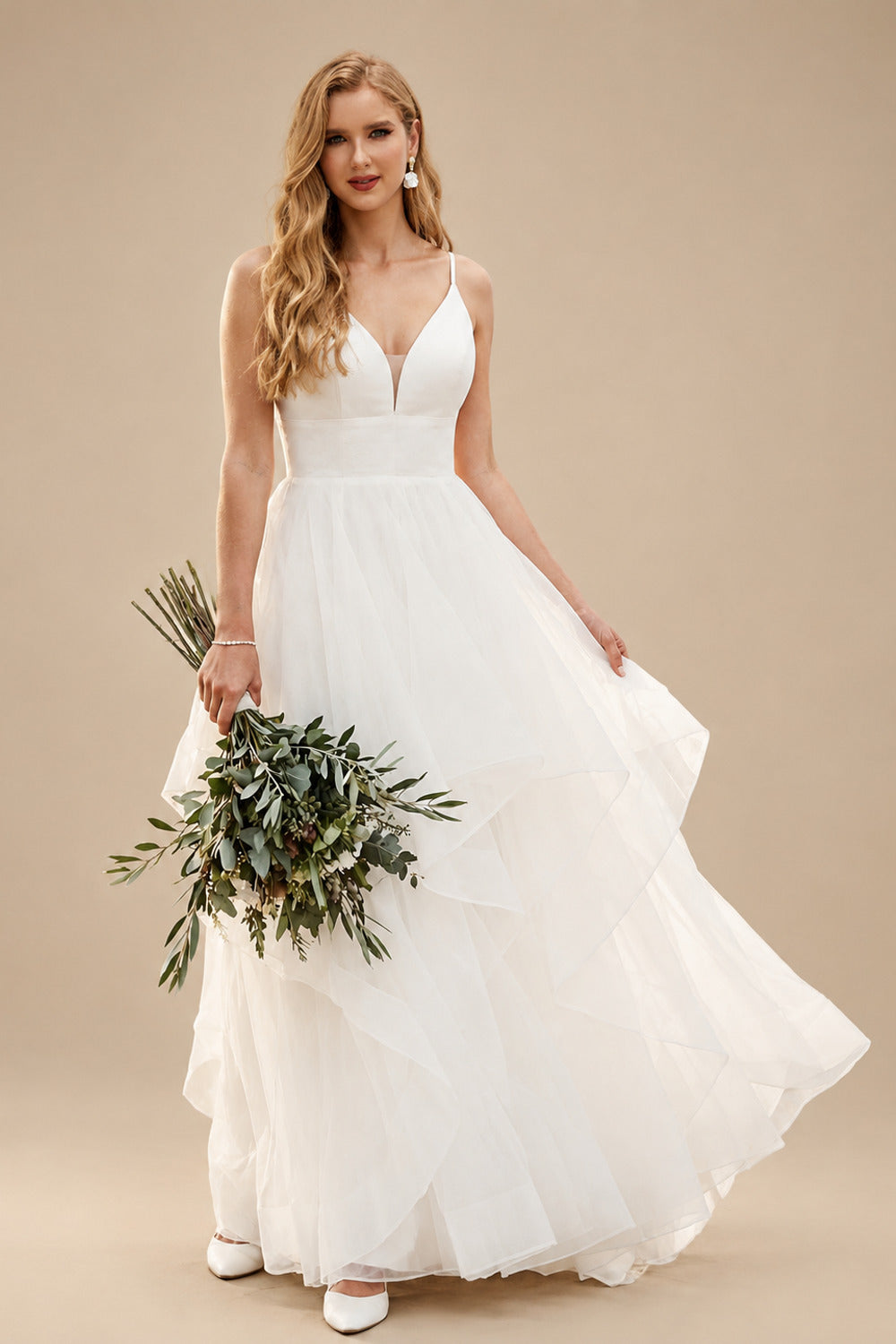 Rutipo Ivory Classic Ball Gown Wedding Dress With Tulle Cascading Ruffles
