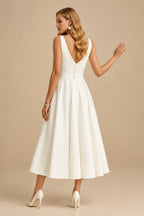 Rutipo Ivory A-Line Square Neckline Sleeveless Tea-Length Satin Wedding Dresses With Pockets
