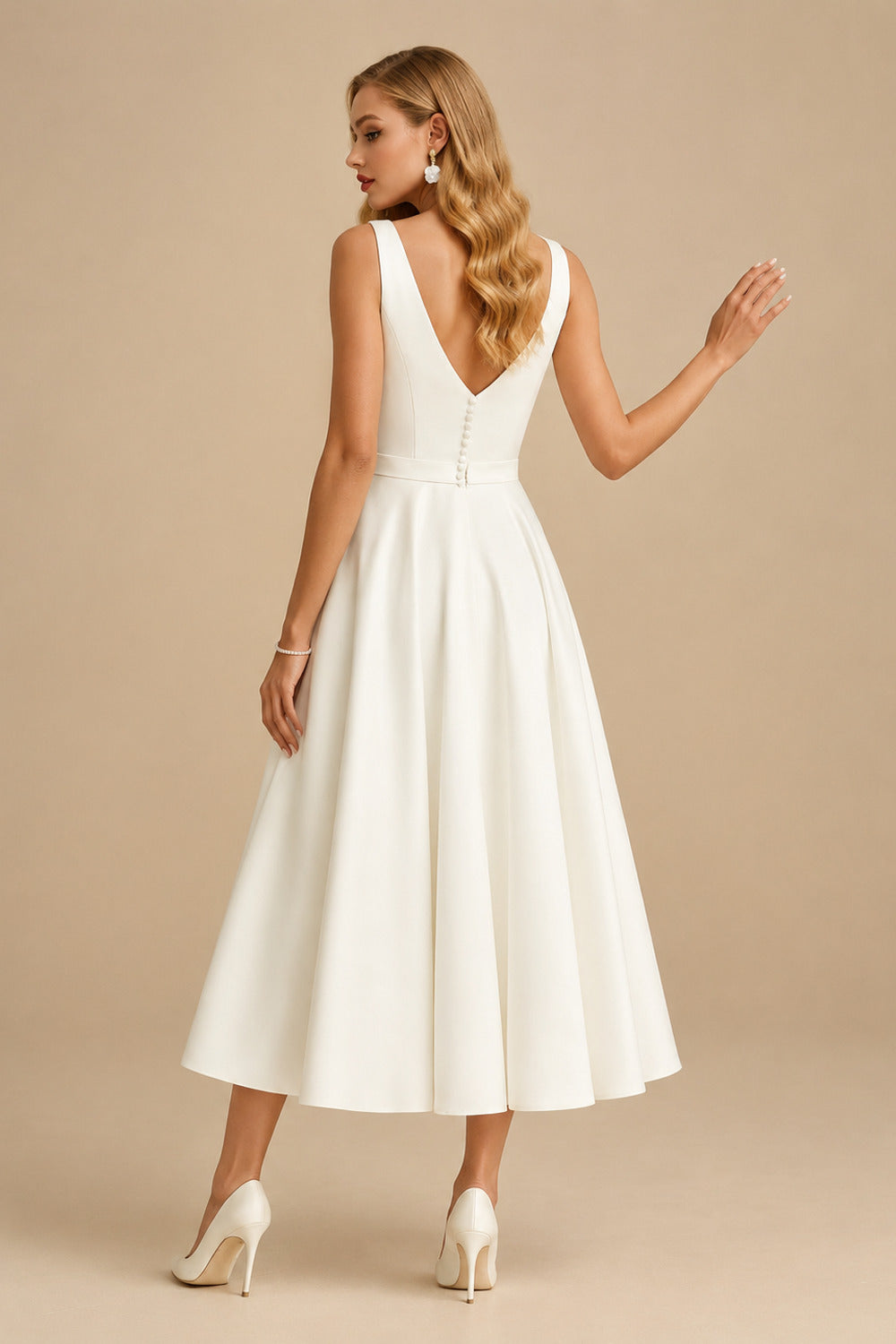 Rutipo Ivory A-Line Square Neckline Sleeveless Tea-Length Satin Wedding Dresses With Pockets