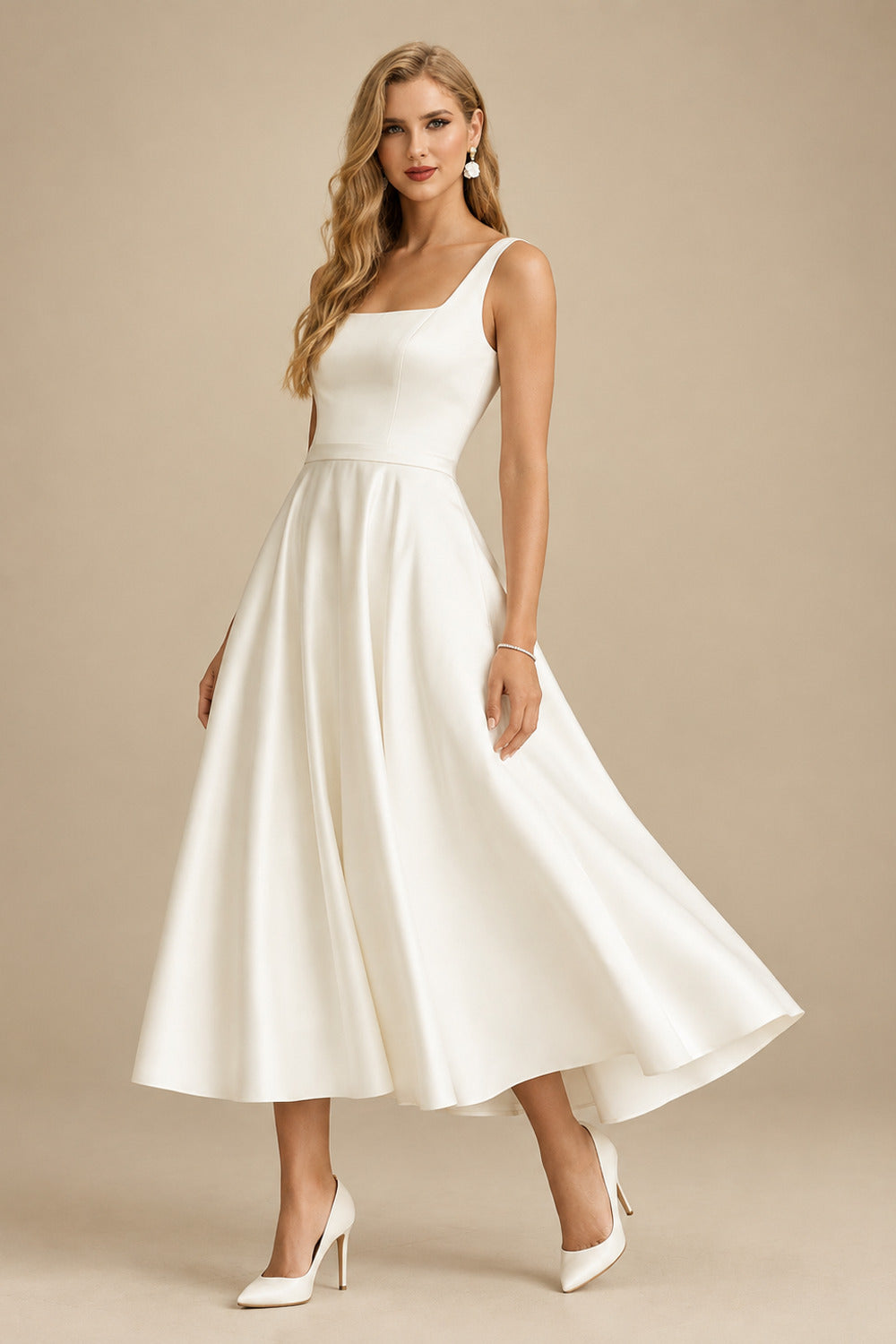 Rutipo Ivory A-Line Square Neckline Sleeveless Tea-Length Satin Wedding Dresses With Pockets